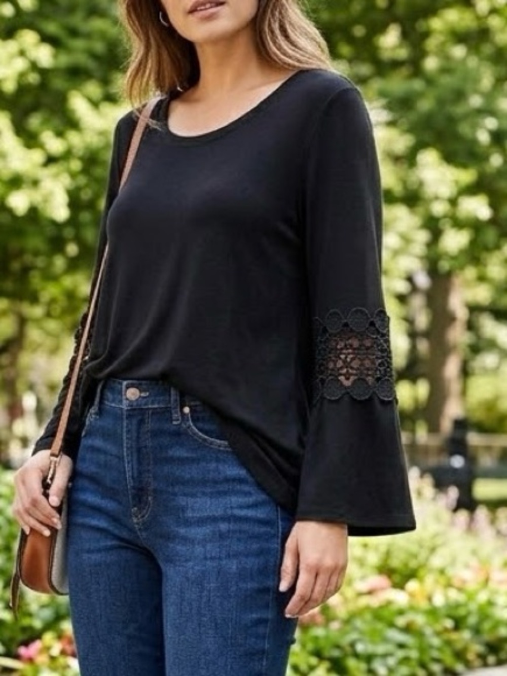 NY Collection Black Crochet Lace Sleeve Bell Sleeve Top Tunic Size Large GUC